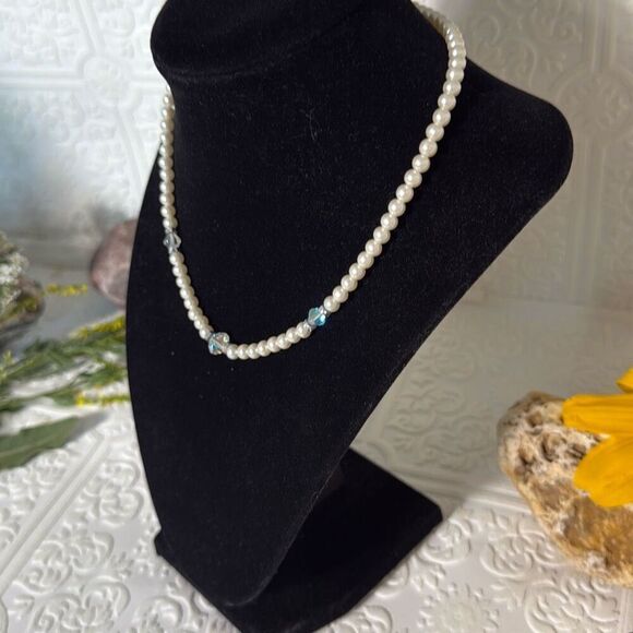 Vintage Art Deco Glass Pearl Choker Necklace With Faceted Clear Crystals 15” - Picture 4 of 15